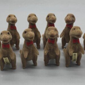 Vintage Lot of 12  Flocked Brown Standing Dinosaur T Rex w/ Red Bowtie Crafts